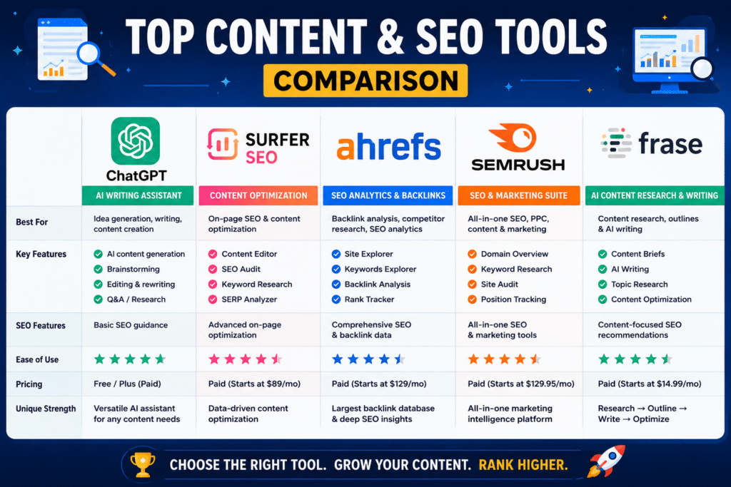 Comparison of popular SEO software including Surfer SEO Ahrefs and Semrush