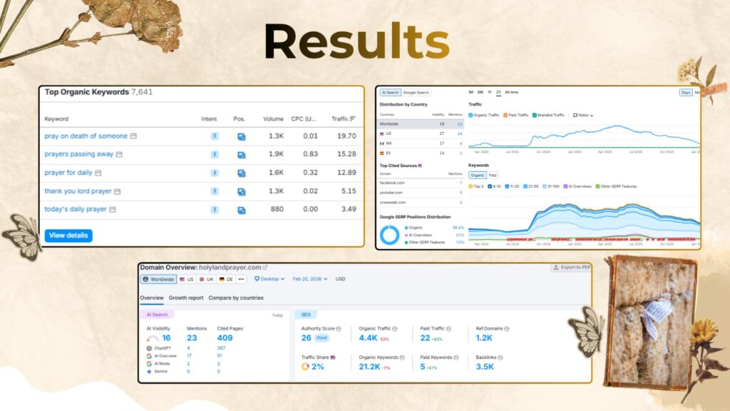 SEO campaign results showing organic traffic growth keyword rankings and search visibility improvements