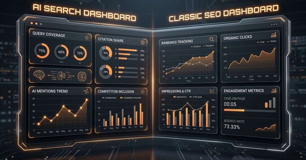SEO dashboard showing keyword research and content optimization data