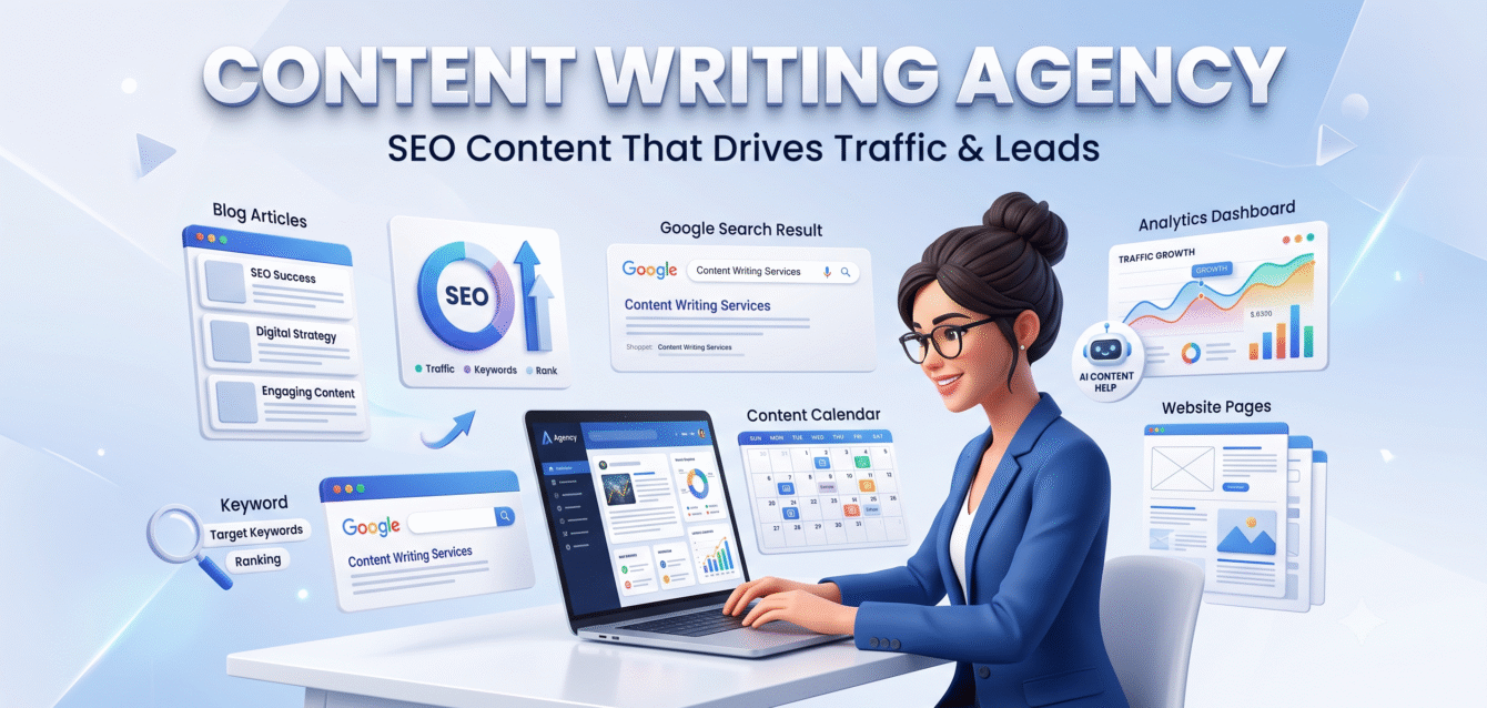 Content writing agency creating SEO-optimized website content for higher Google rankings and business growth